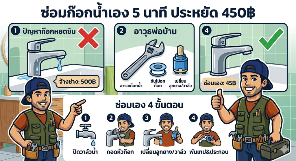 วิธีซ่อมก๊อกน้ำรั่วซึมเอง พ่อบ้านช่างกล้า PobanDIY